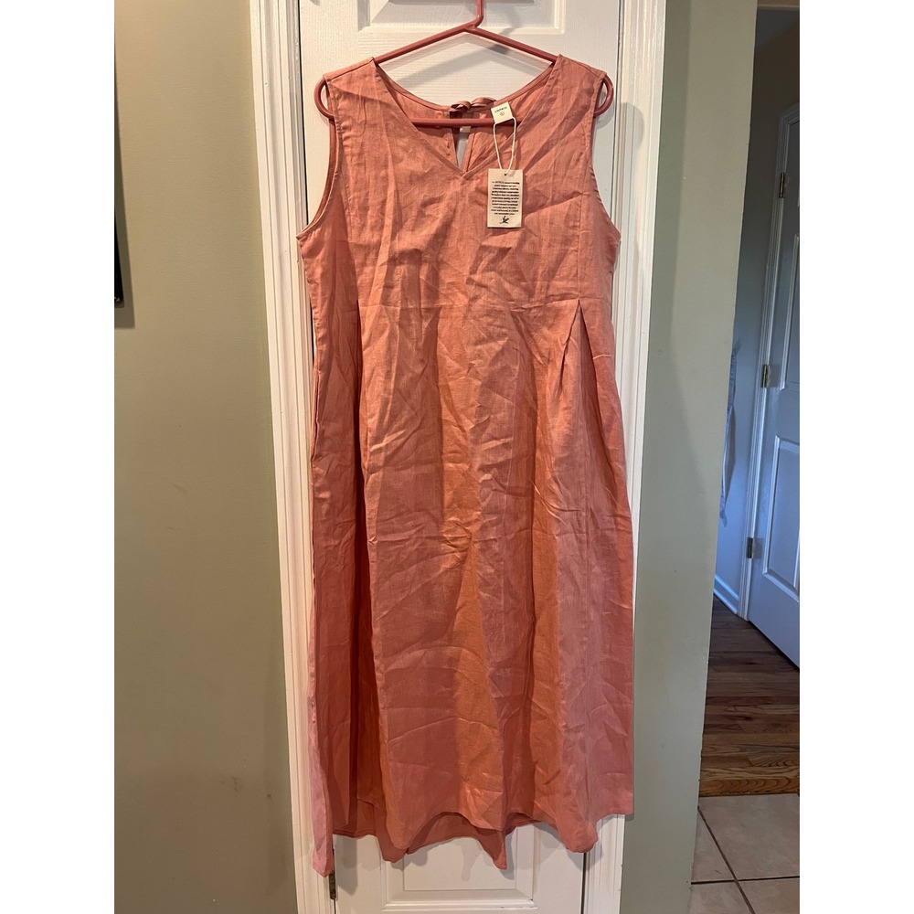 Lintico 100% Linen Sleeveless V-Neck Tara Dress Rose Pink Pockets Large NWT b7